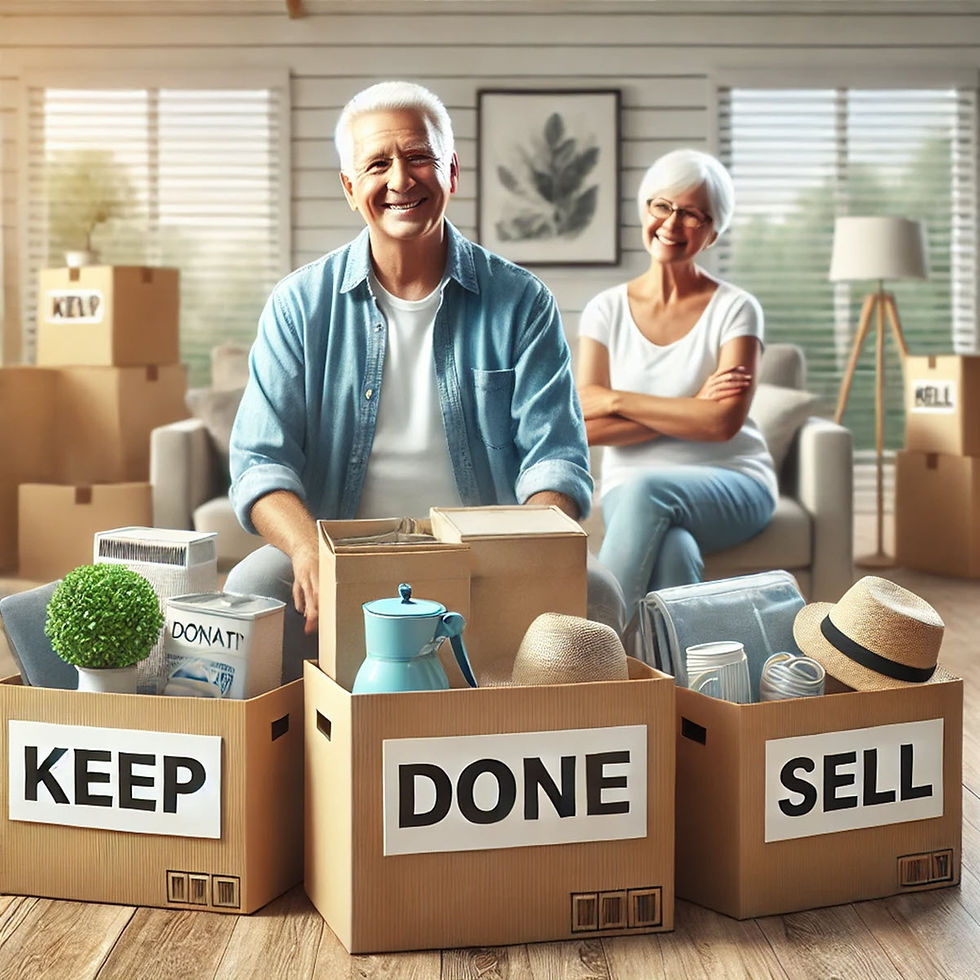 An older husband and wife are pictured taking advantage of downsizing tips for seniors.
