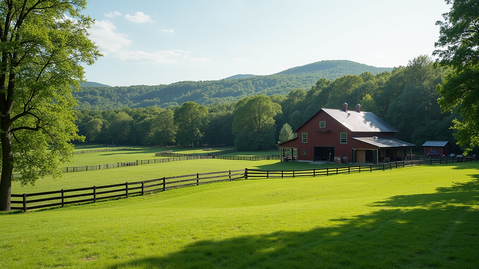 Wide angle view of a serene equestrian property with a barn and green pastures