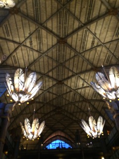These light fixtures are made of Masai warrior shields, enhancing the African theme.