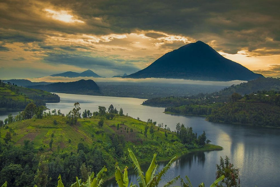 Wide-angle view of mist rising over the Virunga volcanoes in Mgahinga National Park