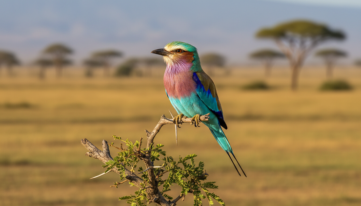 Close-up view of a lilac-breasted roller perched on an acacia branch in Amboseli.