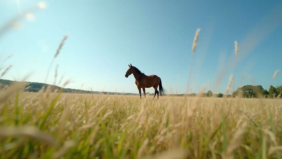 Eye-level view of a serene horse pasture with a clear blue sky