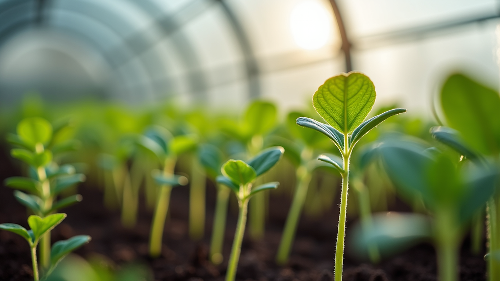 Close-up view of seedlings growing inside a budget greenhouse