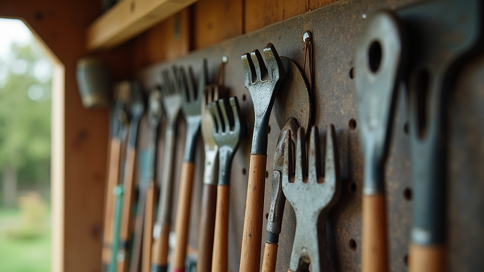 Close-up view of organised garden tools hanging on a pegboard inside a shed