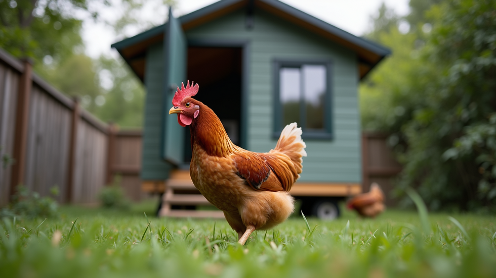 High angle view of a modern portable chicken coop in a backyard