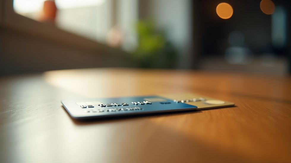 Eye-level view of a credit card and loyalty card on a wooden table