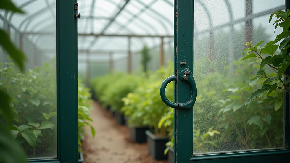Close-up view of a greenhouse door with plants inside