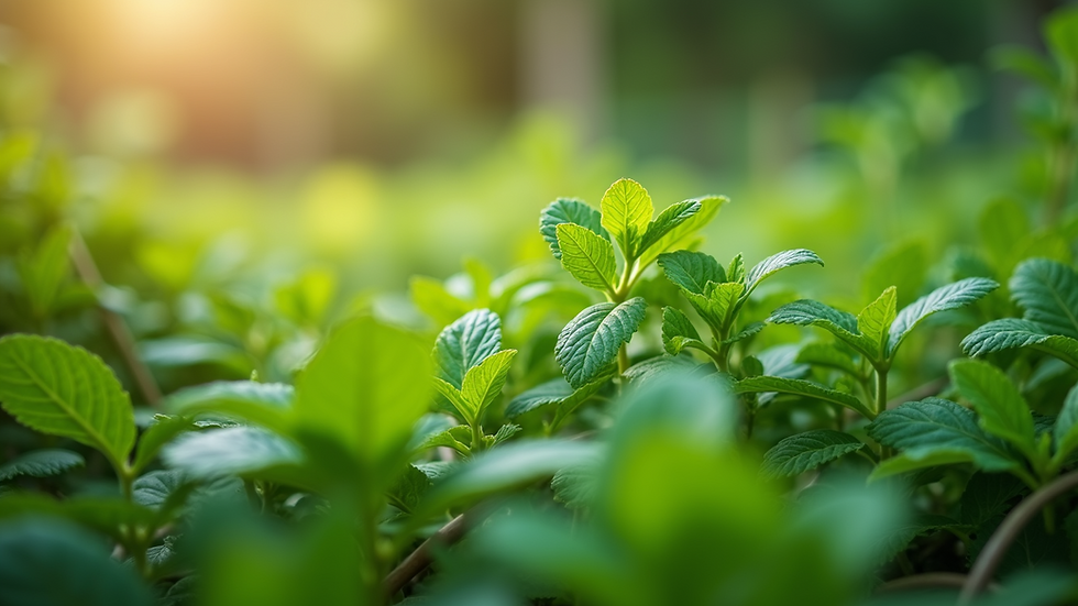 Close-up view of fresh green herbs in a natural garden