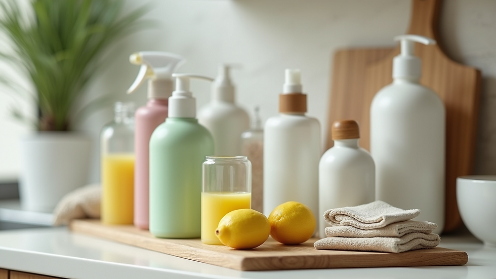High angle view of eco-friendly natural cleaning products on kitchen counter