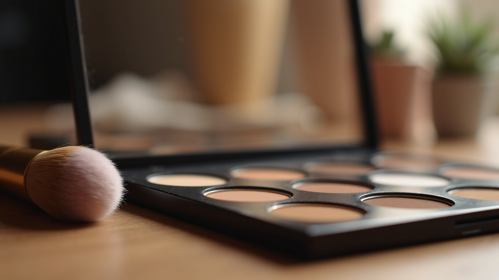Eye-level view of makeup brushes and foundation palette on a wooden table