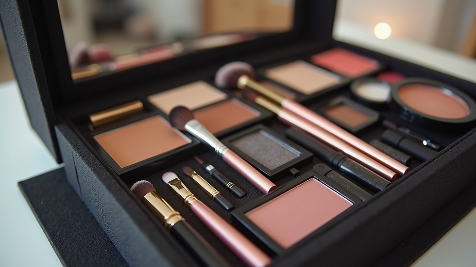 High angle view of a makeup kit with brushes and cosmetics