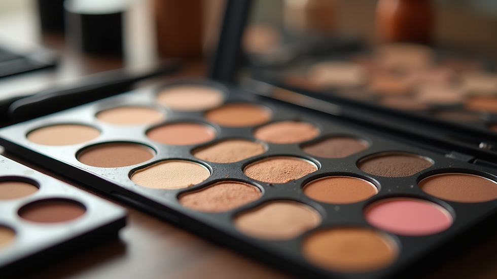 High angle view of a makeup artist’s palette with various shades of foundation and eyeshadow