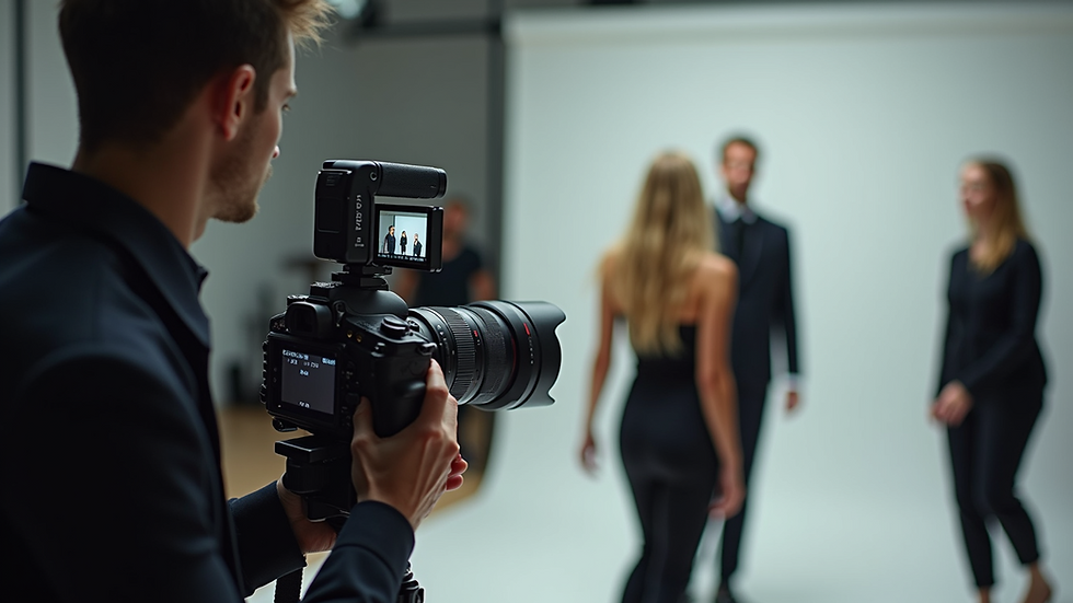 Eye-level view of a professional camera setup for a fashion shoot