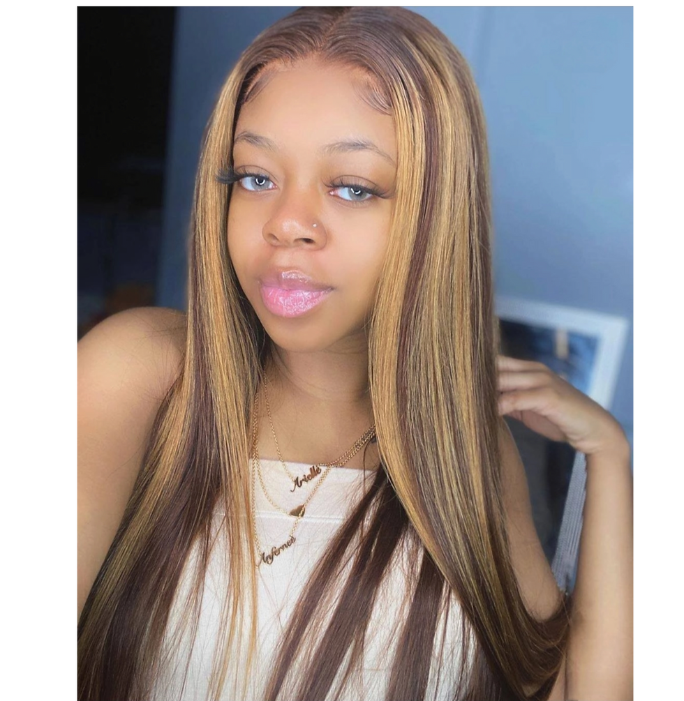 Glueless pre-plucked honey blonde straight hair wig, affordable wig, human hair wig. HD Lace frontal natural hairline.