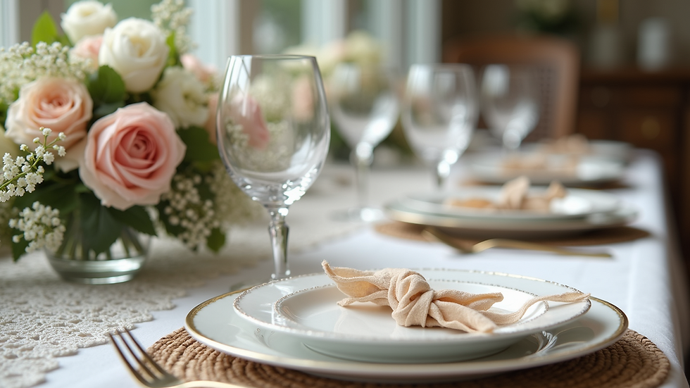 Close-up view of vintage wedding table setting with lace and pastel flowers