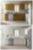 On the top is an older brown flat panel kitchen. On the bottom is a new white shaker kitchen.