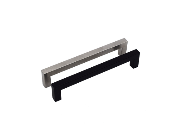 Brushed nickel and satin black square handles.