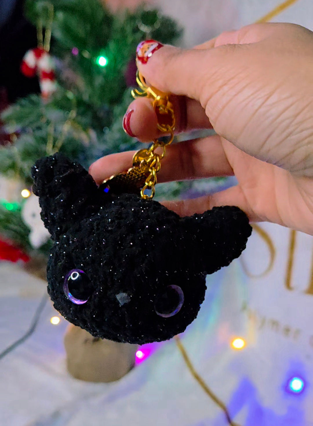 Porte clef tête de chat noir pailleté 🐈⬛🍎