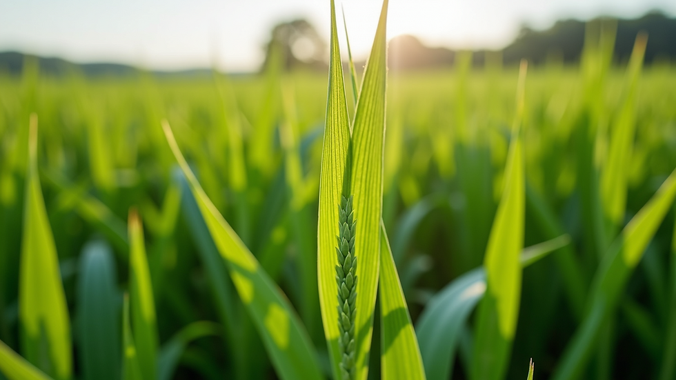Eye-level view of healthy green crop field with organic fertilizer