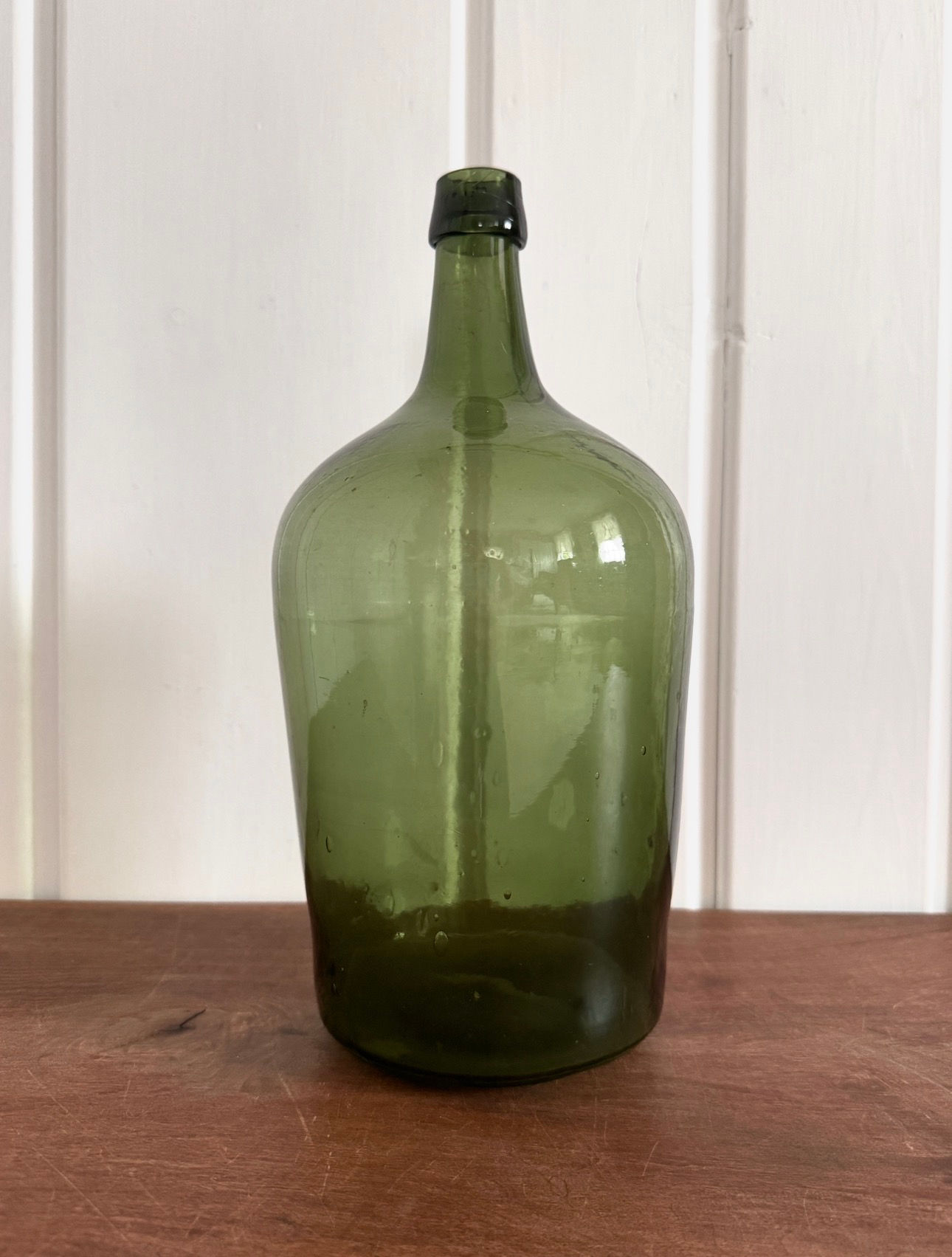 Medium Antique Olive Green Hand-Blown Glass Demijohn
