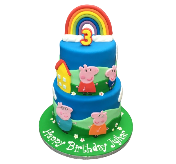 A colourful Peppa Pig themed cake featuring Peppa Pig, her family, and friends. Perfect for a children's birthday celebration.