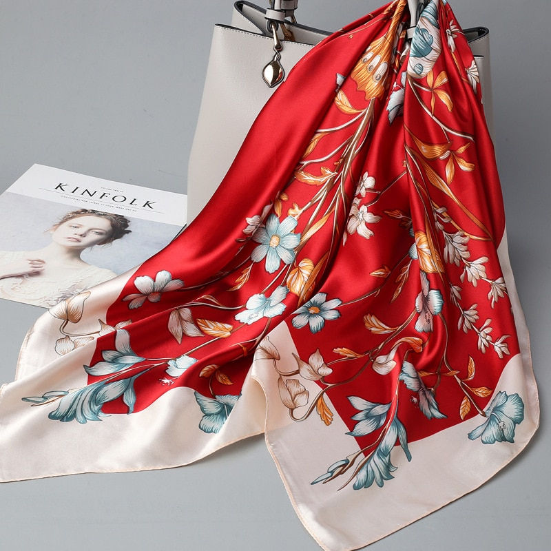 Thumbnail: Wholesale Fashion Floral Print Kerchief Silk Satin Shawls s