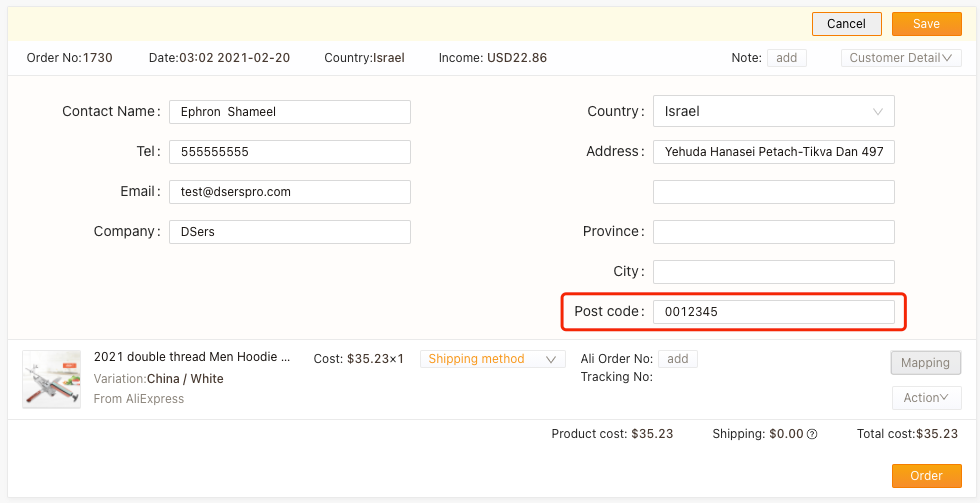Orders to Israel specifications with Woo DSers - Change Post code - Woo DSers