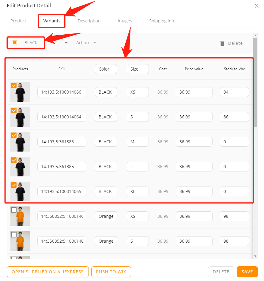 Edit a product on DSers with Wix DSers - select product variant - Wix DSers