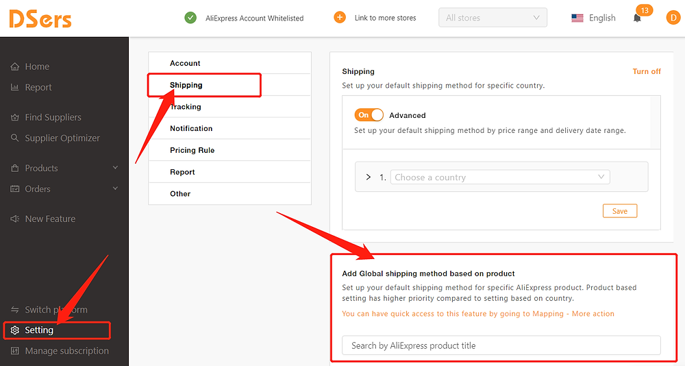 Set shipping method for specific product with DSers - Access Shipping Setting - DSers