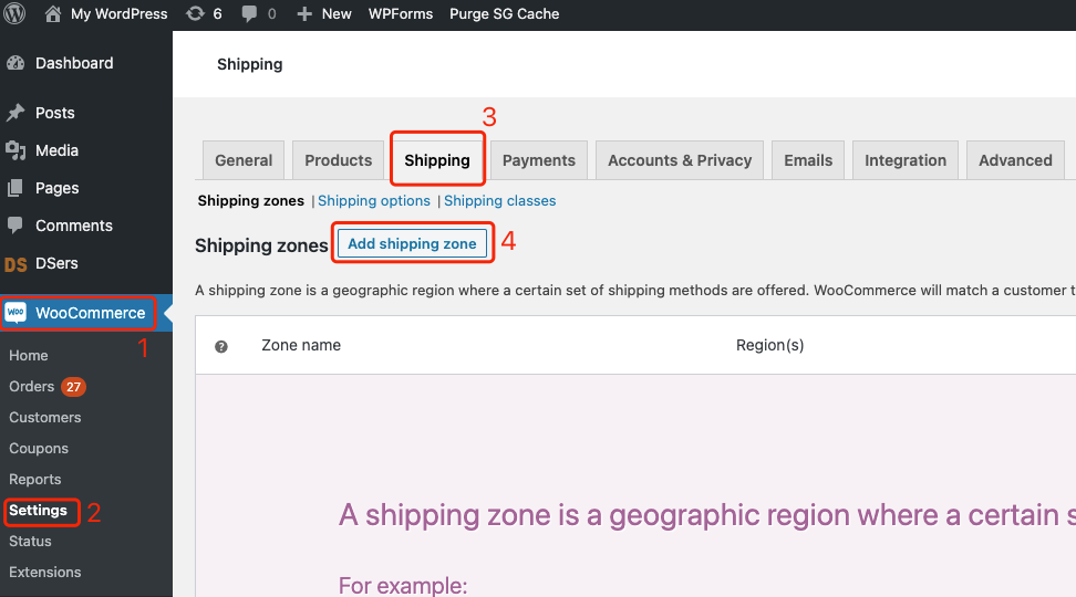 Checkout failure in your WooCommerce store with Woo DSers - Add shipping zone - Woo DSers
