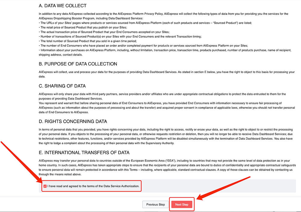 Link Woo DSers to AliExpress - Agree the Data service authorization - Woo DSers