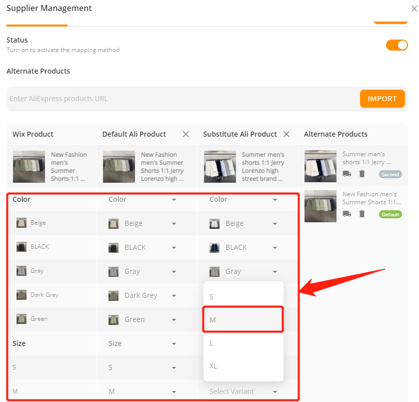 Add a substitute supplier to a product with Wix DSers - select variants - Wix DSers