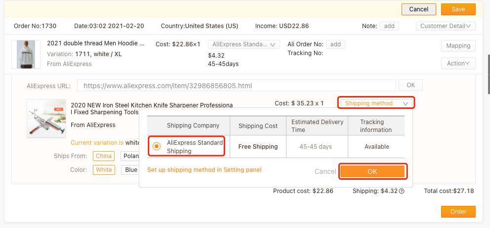 Edit an order with Woo DSers - Select Shipping method - Woo DSers