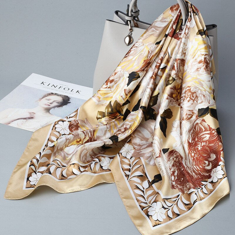 Thumbnail: Wholesale Fashion Floral Print Kerchief Silk Satin Shawls s