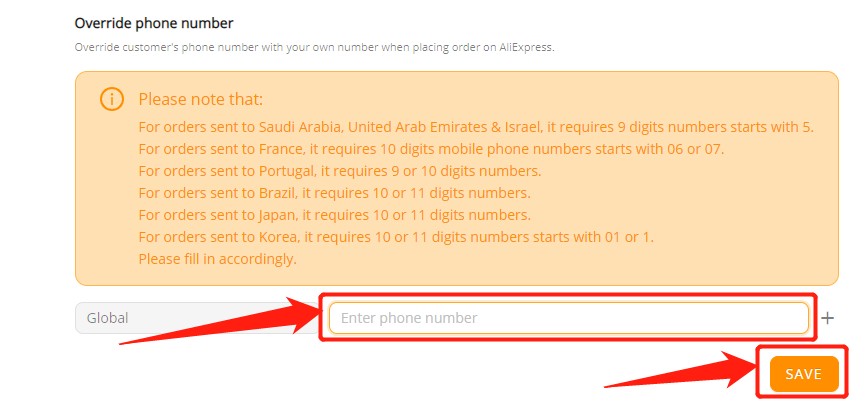 Orders to Korea specifications with Wix DSers - Delete phone number - Wix DSers