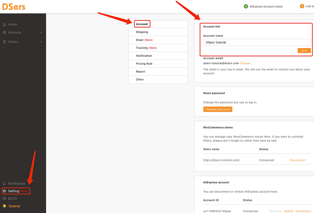 Change account name with Woo DSers - Access account info - Woo DSers