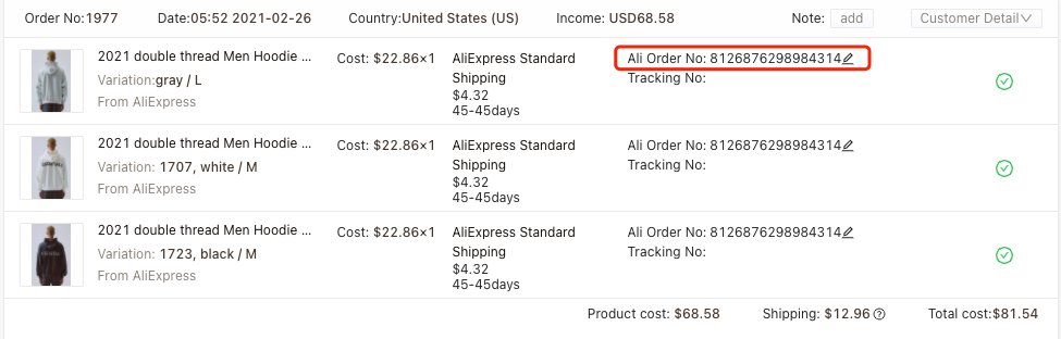 Shipping fees on Woo DSers - Click on Ali Order No - Woo DSers