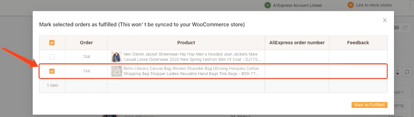 Place part of an order with Woo DSers - Choose the order - Woo DSers