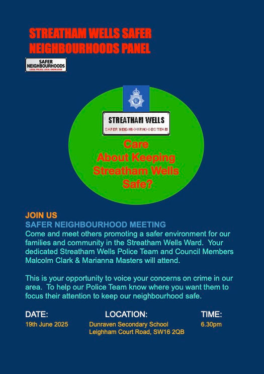 Streatham Wells Safer Neighbourhood Panel Meeting - 19th June 2025 - 6.30pm