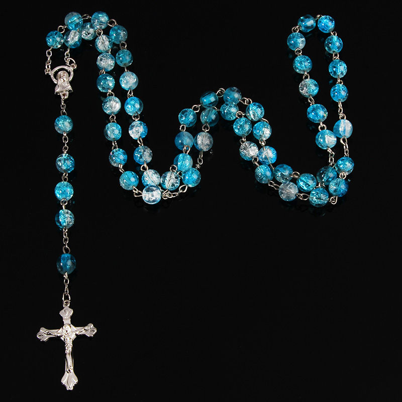 Thumbnail: 8mm Colored Glass Rosary Pendant Necklace Alloy Cross Virgin Mary Center Catholi