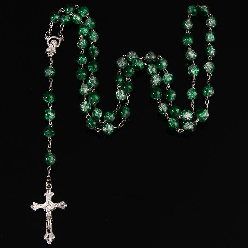 Thumbnail: 8mm Colored Glass Rosary Pendant Necklace Alloy Cross Virgin Mary Center Catholi