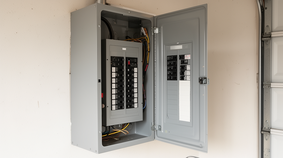 Open residential electrical breaker panel in a garage