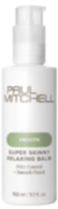 White bottle with pump labeled "Paul Mitchell Super Skinny Relaxing Balm." Text: "Smooth, Frizz Control + Smooth Finish, 150 ml." Minimalist style.