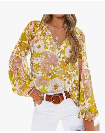 SHEWIN Women's Casual Boho Floral Print V Neck Long Sleeve Loose Blouses Shirts Tops
