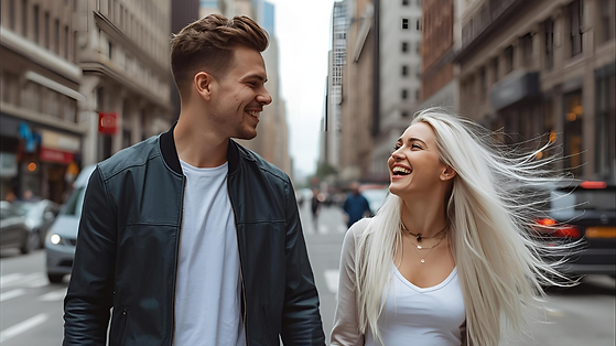 sexy man and woman with amazing hair walking in a big city happy hair loss solution from b