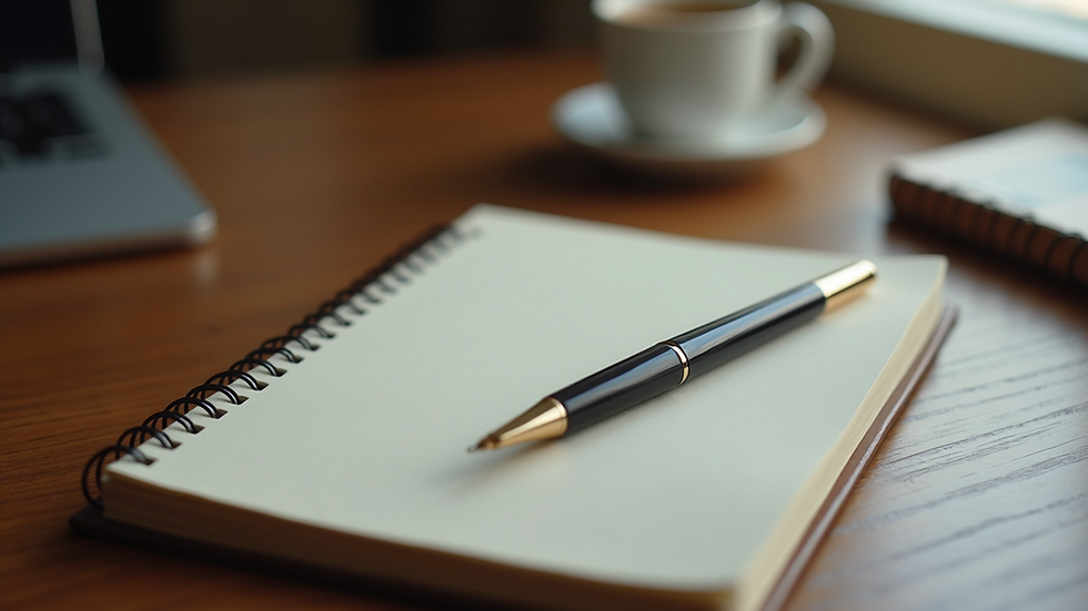 Eye-level view of a cozy writing desk with a notebook and pen