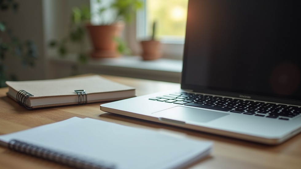 Eye-level view of a laptop and notebook on a wooden desk