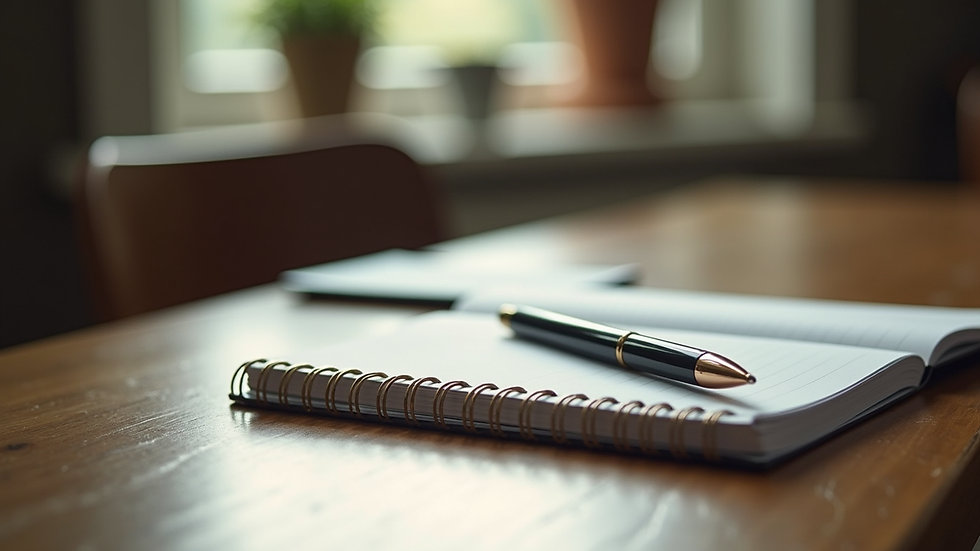 Eye-level view of a writer’s desk with a notebook and pen