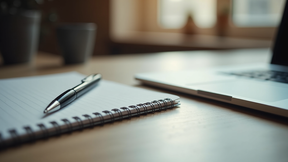 Eye-level view of a writer’s desk with a notebook and pen