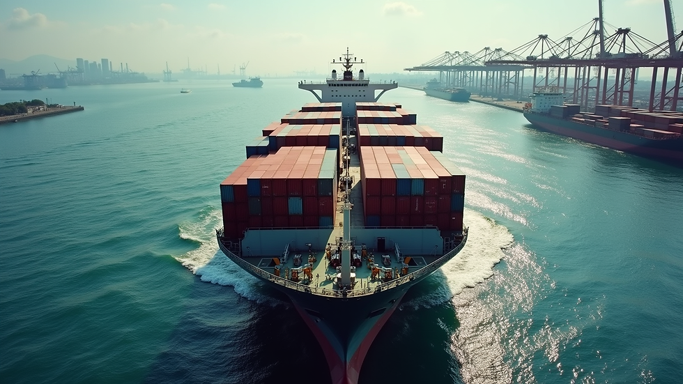 High angle view of a cargo ship loaded with containers at a busy port